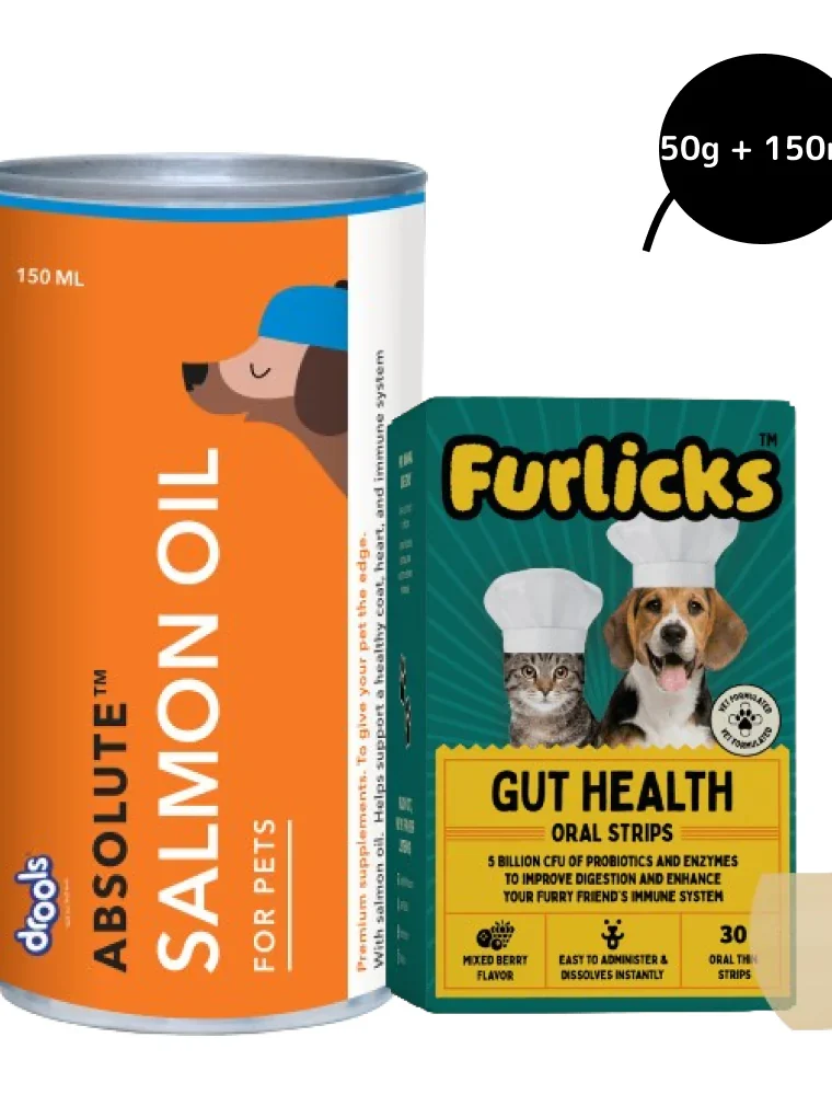 Furlicks Gut Health Supplement and Drools Absolute Salmon Oil Syrup Supplement Combo for Dogs